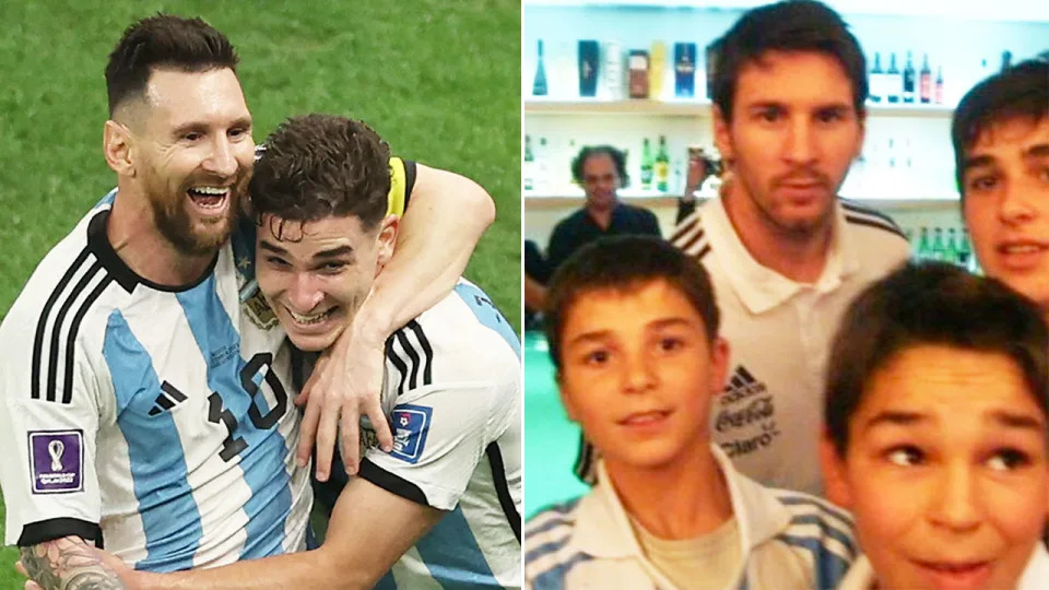 Pictured right, a decade-old photo of Lionel Messi and Julian Alvarez in the wake of their win for Argentina in the World Cup semi-finals.