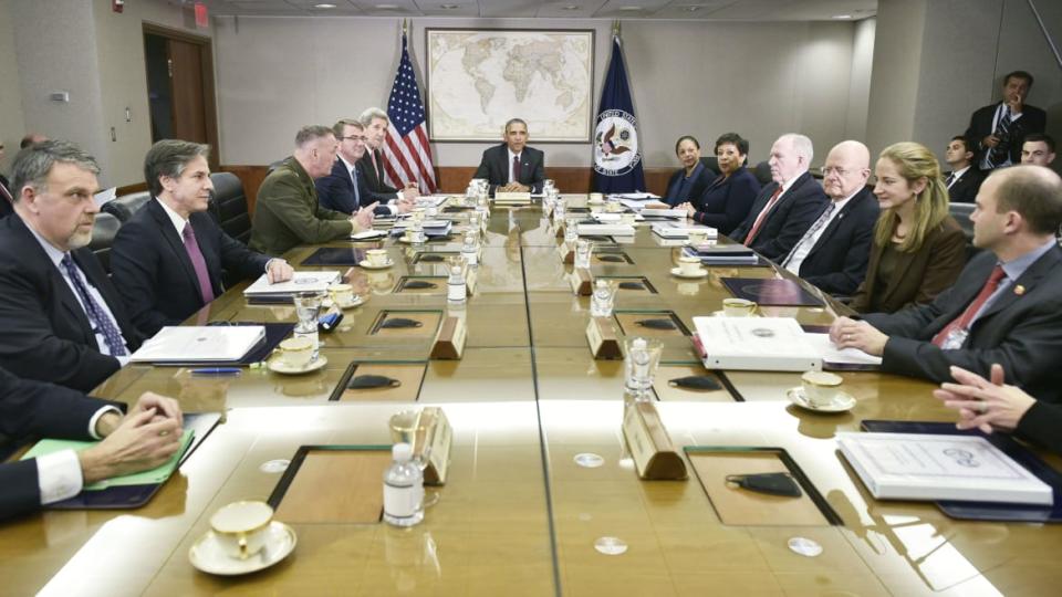 <div class="inline-image__caption"><p>US President Barack Obama speaks before a meeting with the National Security Council (NSC) on February 25, 2016 at the State Department in Washington, DC. From left: National Counterterrorism Center Director Nicholas Rasmussen, US Deputy Secretary of State Tony Blinken, Chairman of the Joint Chiefs of Staff General Joseph Dunford, Defense Secretary Ashton Carter, Secretary of State John Kerry, Obama, National Security Advisor Susan Rice, Attorney General Loretta Lynch, and CIA Director John Brennan, Director of National Intelligence James Clapper, Deputy National Security Advisor Avril Haines, and Deputy National Security Adviser for Strategic Communication Ben Rhodes.</p></div> <div class="inline-image__credit">MANDEL NGAN/AFP/Getty</div>