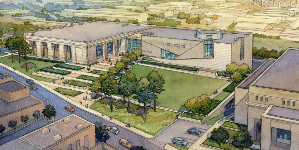 This is a 2013 artist's rendering provided by Hilferty & Associates, designers of the two new state museums-the Mississippi History Museum and the Mississippi Civil Rights Museum, side-by-side buildings, that are planned to be completed and open in 2017, in downtown Jackson, Miss. Officials say they did not set out to have separate-but-equal museums for the documentation of the state's history, but it could end up that way. Mississippi breaks ground Thursday. Oct. 24, 2013, on side-by-side museums that are expected to break ground of their own in how they depict the Southern state once rocked by racial turmoil. (AP Photo/Rogelio V. Solis)