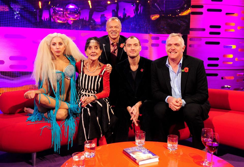 (Left to right) Lady Gaga, June Brown, Graham Norton, Jude Law and Greg Davies during filming for the Graham Norton Show at the London Studios, London.   (Photo by Ian West/PA Images via Getty Images)