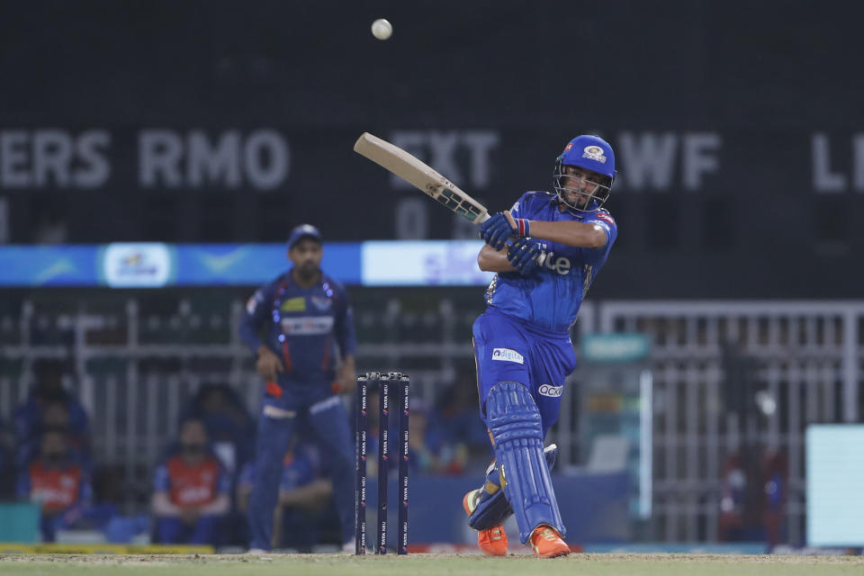 Nehal Wadhera of Mumbai Indians bats during the Indian Premier League cricket match between Lucknow super giants and Mumbai Indians in Lucknow, India, Tuesday, May 16, 2023. (AP Photo/Surjeet Yadav)