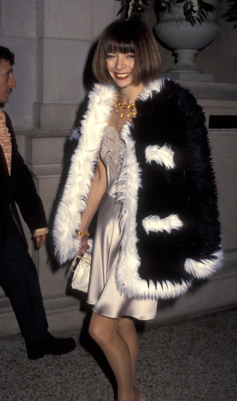 Anna Wintour in a short silk dress with fur coat, 1994