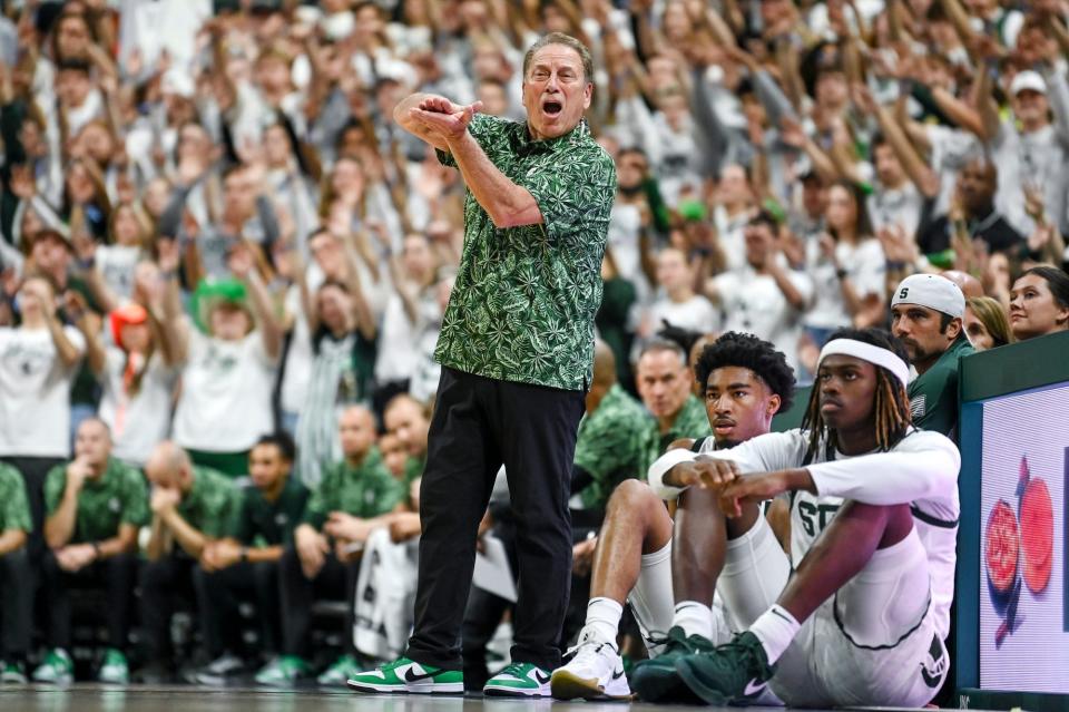 Michigan State's head coach Tom Izzo calls out to a referee during the first half in the game against Tennessee on Sunday, Oct. 29, 2023, at the Breslin Center in East Lansing.