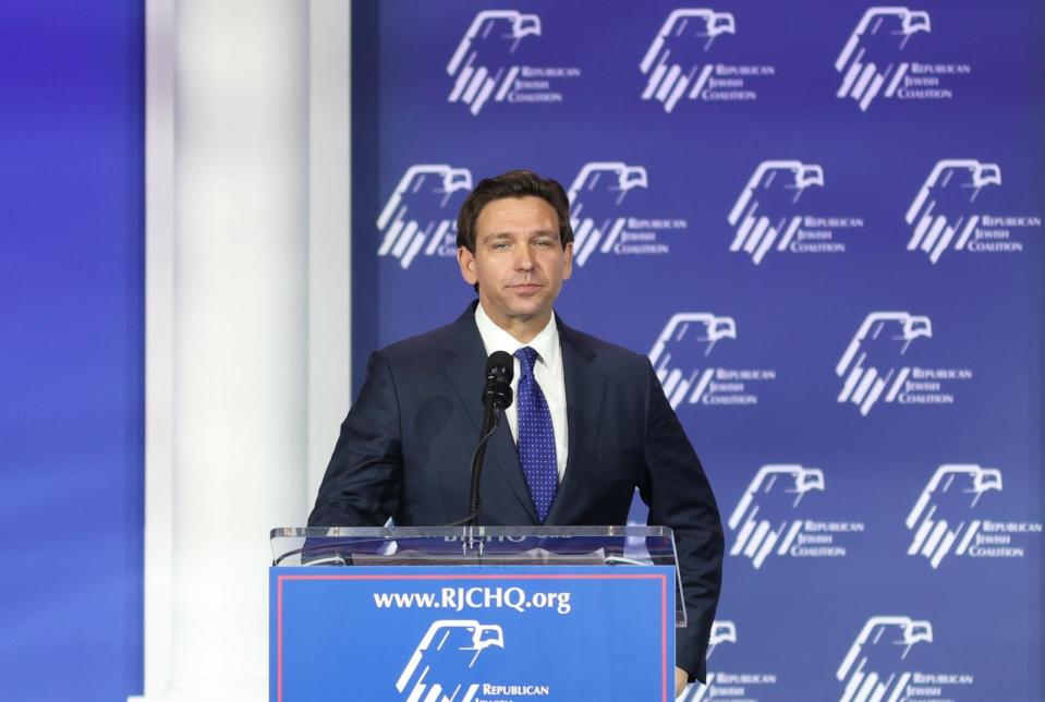 PHOTO: Ron DeSantis, governor of Florida and 2024 Republican presidential candidate, speaks during the Republican Jewish Coalition Annual Leadership Meeting in Las Vegas, Oct. 28, 2023. (  Ronda Churchill/Bloomberg via Getty Images, FILE)