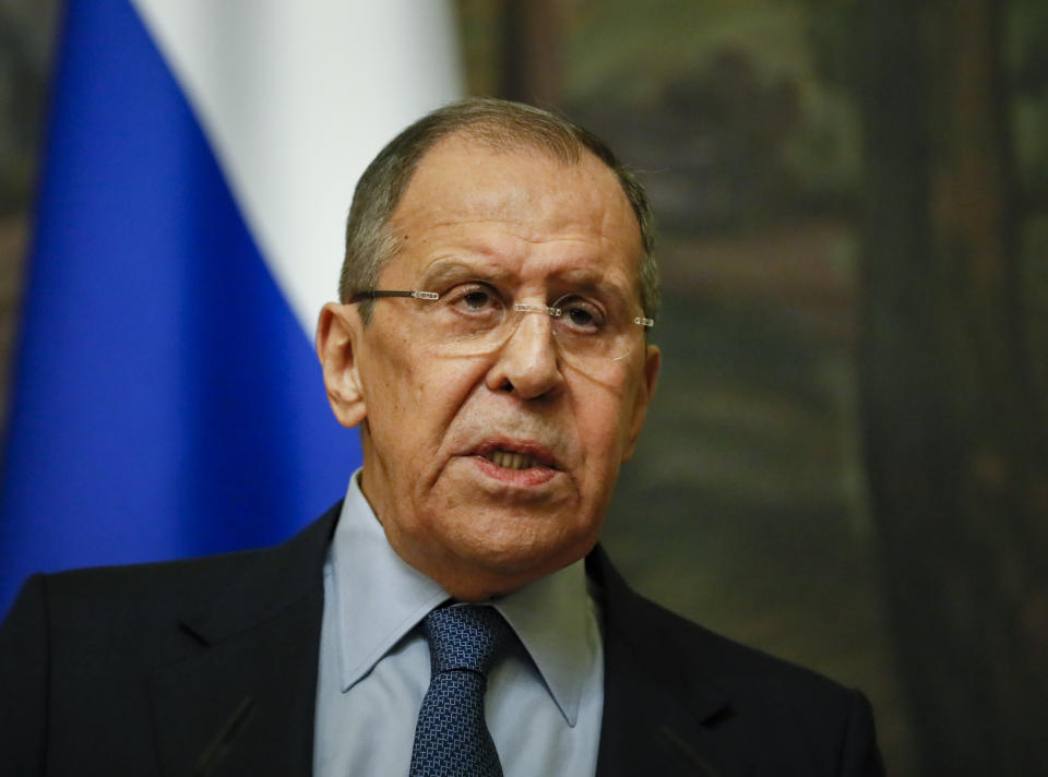 Russian Foreign Minister Sergey Lavrov speaks to the media during his and Serbia's Foreign Minister Nikola Selakovic joint news conference following their talks in Moscow, Russia, Friday, April 16, 2021. Russian Foreign Minister Sergey Lavrov says Moscow will order 10 U.S. diplomats to leave Russia in a retaliatory response to the U.S. sanctions. Lavrov also said Moscow will add eight U.S. officials to its sanctions list and move to restrict and stop the activities of U.S. nongovernmental organizations from interfering in Russia's politics. (Yuri Kochetkov/Pool Photo via AP)