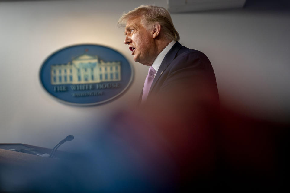 President Donald Trump speaks at a news conference in the James Brady Press Briefing Room at the White House, Tuesday, Aug. 11, 2020, in Washington. (AP Photo/Andrew Harnik)