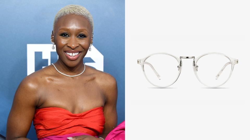 Cynthia Erivo, Chillax Round Clear Eyeglasses. (Photo: Getty Images, EyeBuyDirect)