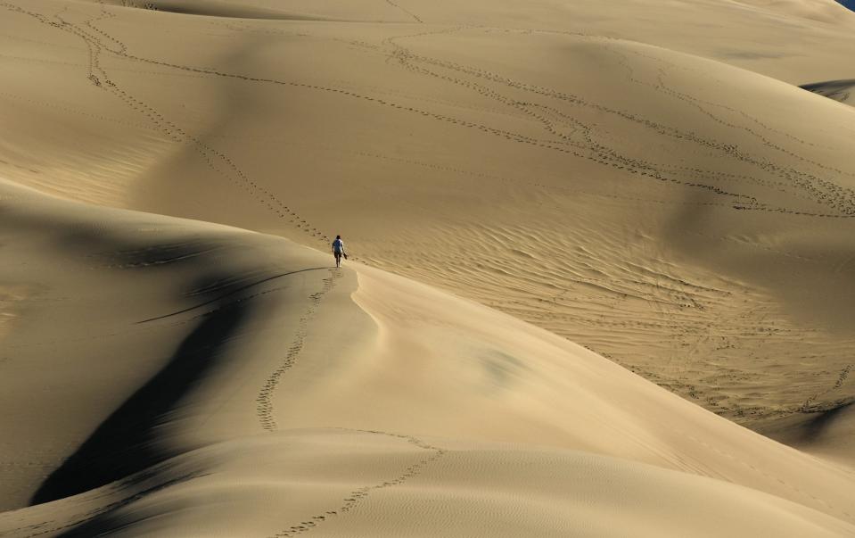 File: A park visitor hikes one of the many dunes early in the morning at Great Sand Dunes National Park in Mosca, Colorado. Great Sand Dunes National Park and Preserve is known for huge dunes and the seasonal Medano Creek and beach created at the base of the dunes. These sand dunes are the tallest dunes in North America. They are shaped by the forces of wind and water and are continuously moving and shifting. Medano creek flows through the dunes.
