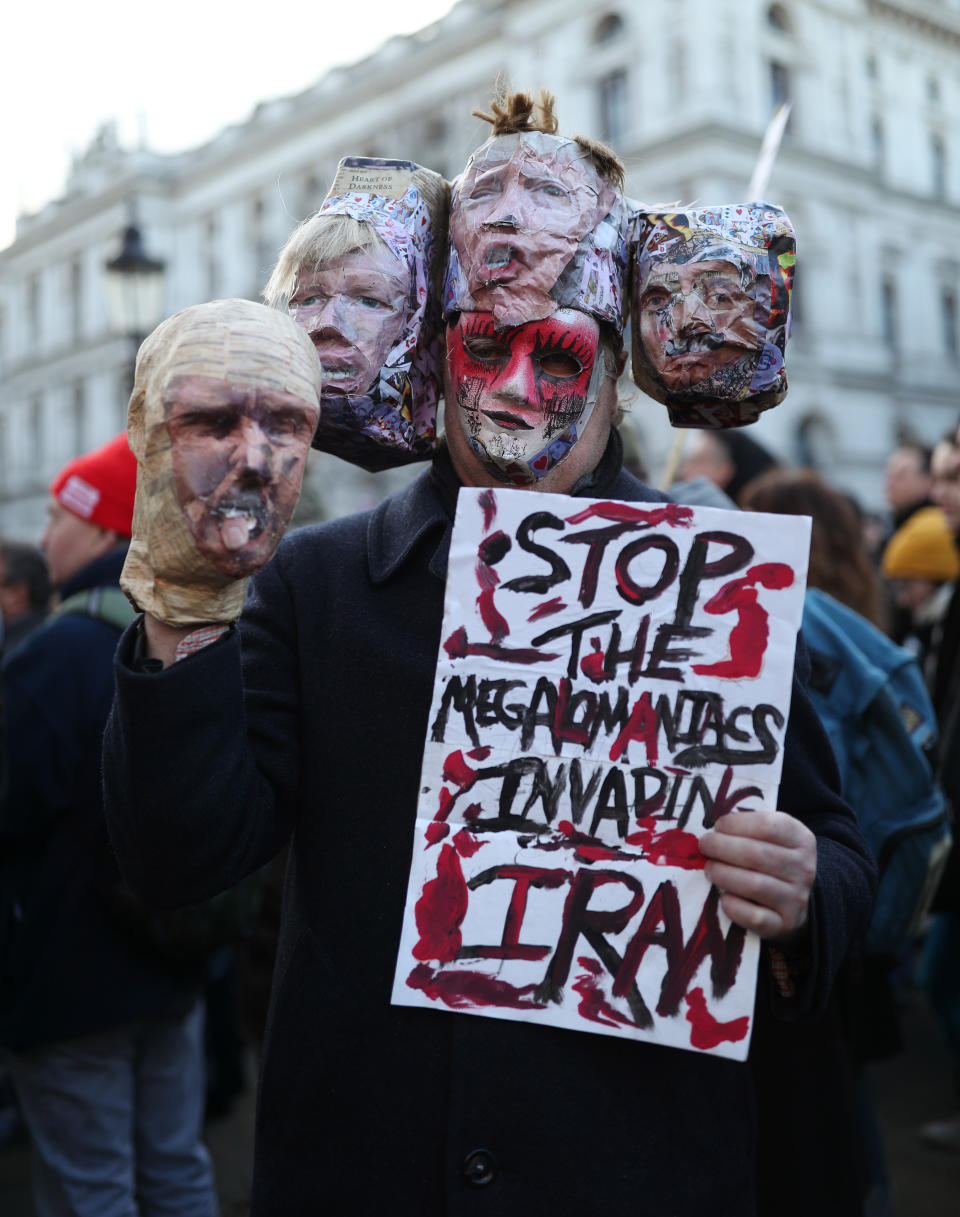 A protest by the Stop the War Coalition against the threat of war with Iran opposite Downing Street in Whitehall, London.