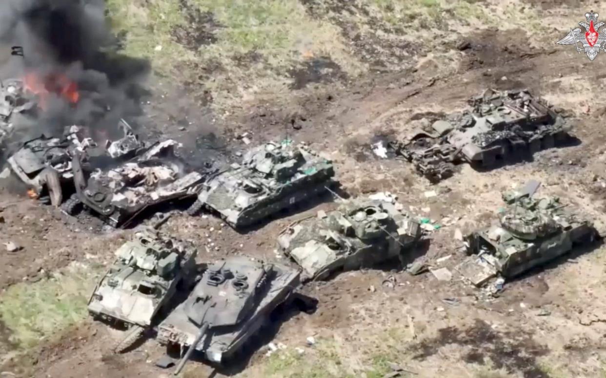 A still image taken from video shows what are said to be destroyed armoured vehicles of the Ukrainian armed forces - Reuters