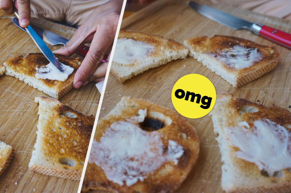 close up of author laying the butter onto the browned bread