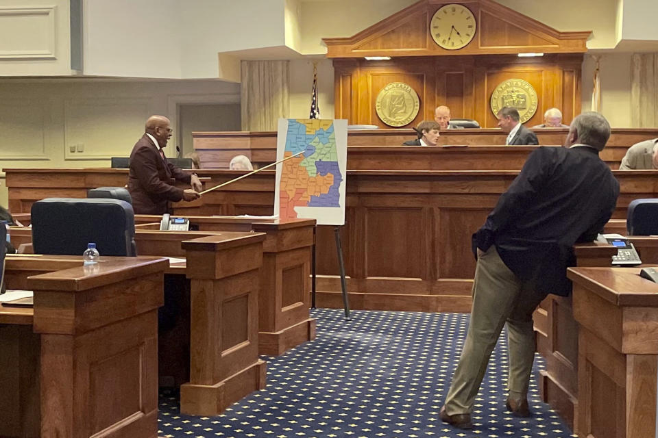 Alabama state Sen. Rodger Smitherman discusses a redistricting proposal during debate at the Statehouse in Montgomery, Ala., on Wednesday, July 19, 2023. Alabama lawmakers face a Friday, July 21, deadline to draw new congressional lines after the U.S. Supreme Court in June upheld a finding that the current state map — with one majority-Black district out of seven in a state that is 27% Black — likely violates the federal Voting Rights Act. (AP Photo/Kim Chandler)