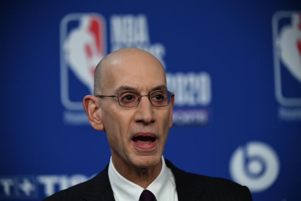 NBA commissioner Adam Silver gestures as he addresses a press conference ahead of the NBA basketball match between Milwaukee Bucks and Charlotte Hornets at The AccorHotels Arena in Paris on January 24, 2020. (Photo by FRANCK FIFE / AFP) (Photo by FRANCK FIFE/AFP via Getty Images)