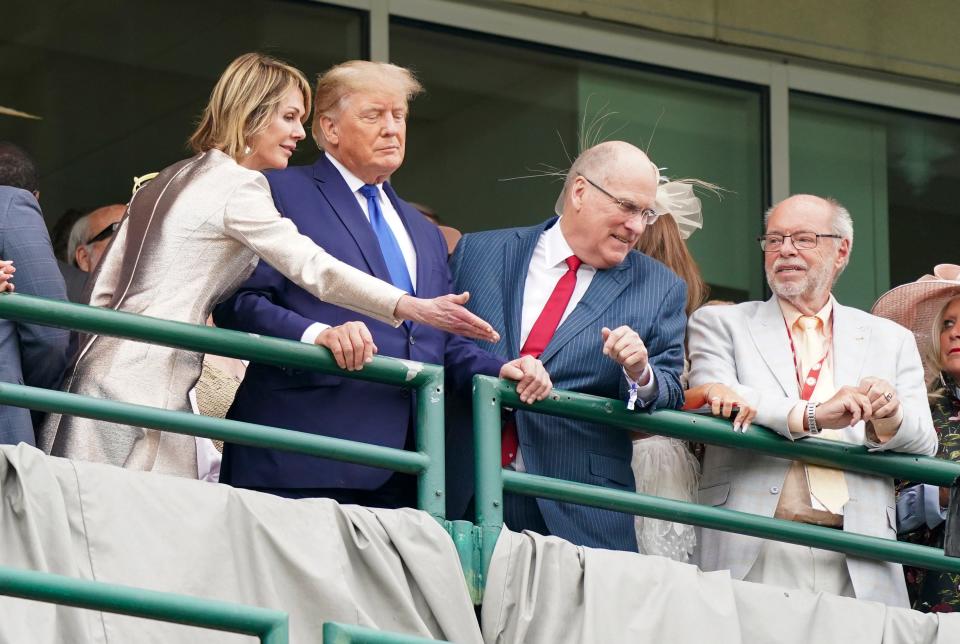 Former president Donald Trump reacted to the crowd at the Kentucky Derby on Saturday, May 7, 2022