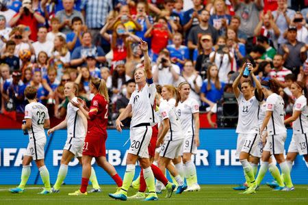 Jun 16, 2015; Vancouver, British Columbia, CAN; United States forward Abby Wambach (20) acknowledges the crowd after their victory over Nigeria in a Group D soccer match in the 2015 FIFA women's World Cup at BC Place Stadium. Mandatory Credit: Michael Chow-USA TODAY Sports