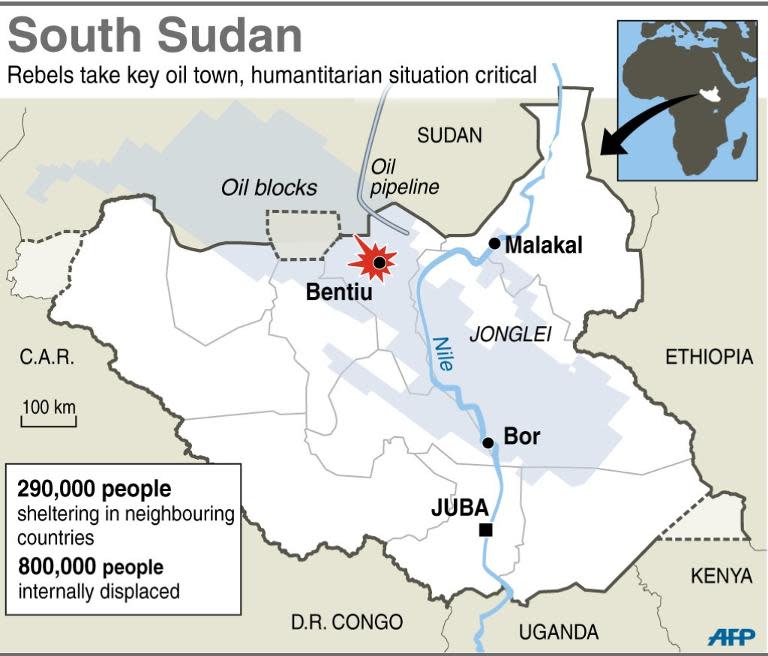 Map locating Bentiu, a key oil town in South Sudan