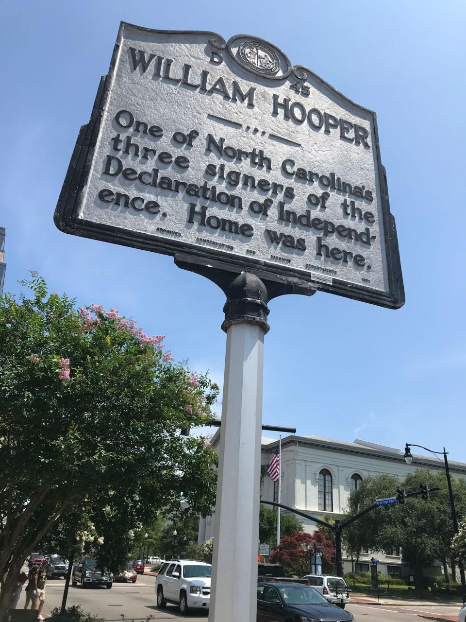 Historical marker honoring William Hooper on North Third Street in downtown Wilmington.