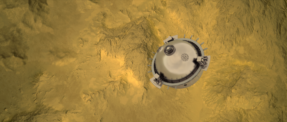 Representación artística del módulo Alpha que la sonda DAVINCI liberará sobre Venus para estudiar la atmósfera a medida que desciende. (Crédito imagen: NASA).