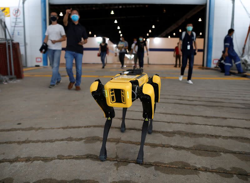 A robot developed by Boston Dynamics undergoes further testing to deliver medicine to patients, during the coronavirus outbreak in Singapore