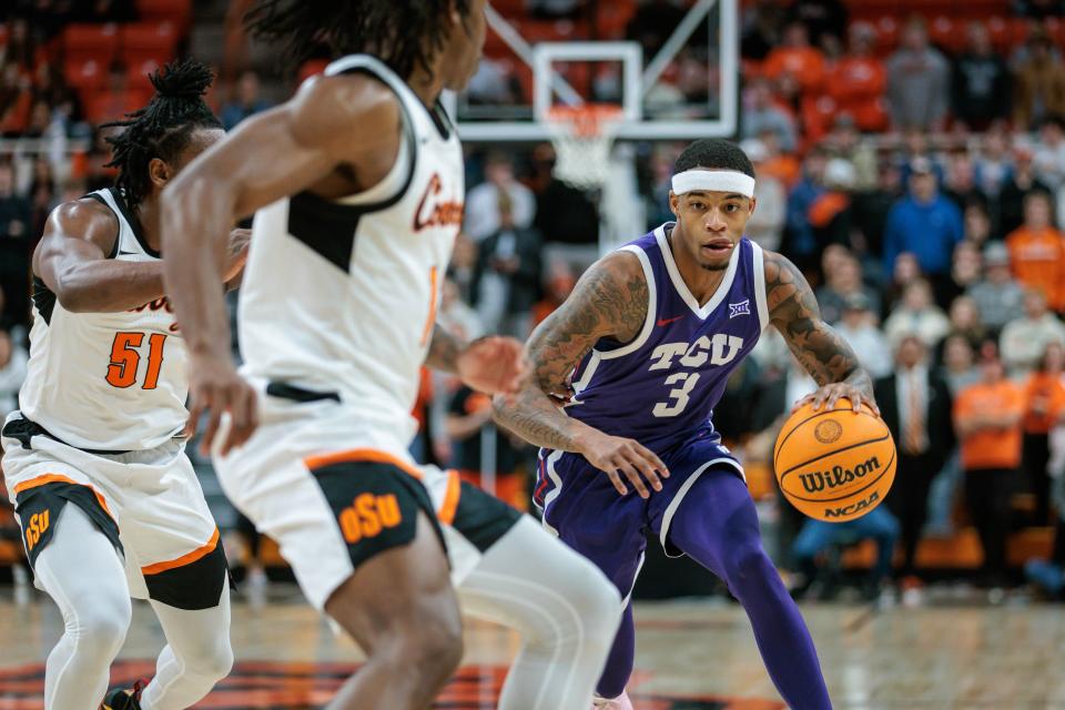 Jan 23, 2024; Stillwater, Oklahoma, USA; TCU Horned Frogs guard Avery Anderson III (3) looks to drive to the basket during the second half against the Oklahoma State Cowboys at Gallagher-Iba Arena. Mandatory Credit: William Purnell-USA TODAY Sports