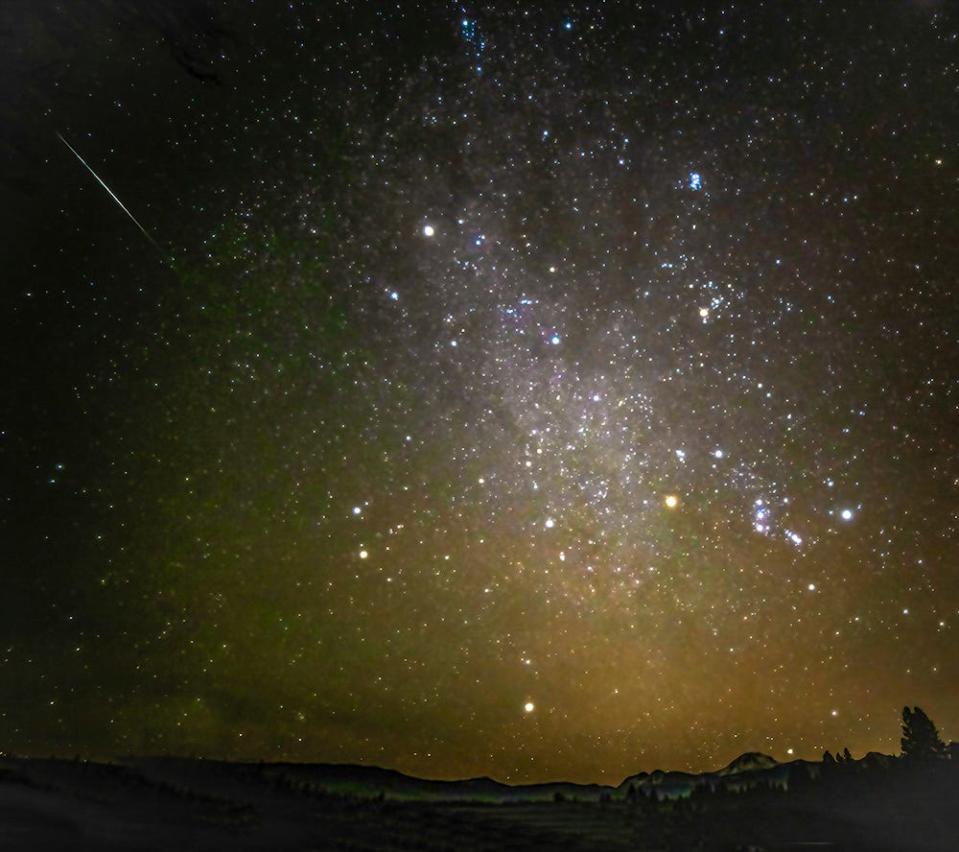 The Geminids Meteor Shower cascades above Lassen Peak on Dec. 13, 2023.