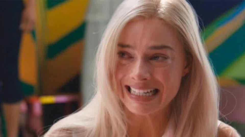 Still of Margot Robbie crying in Barbie