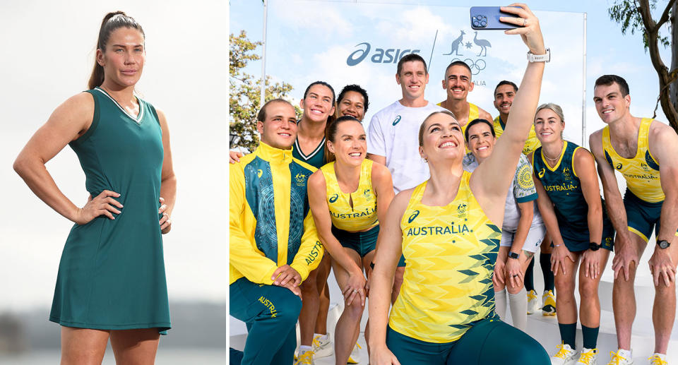 Pictured left, Australian athlete Charlotte Caslick models the team's Olympic Games dress.