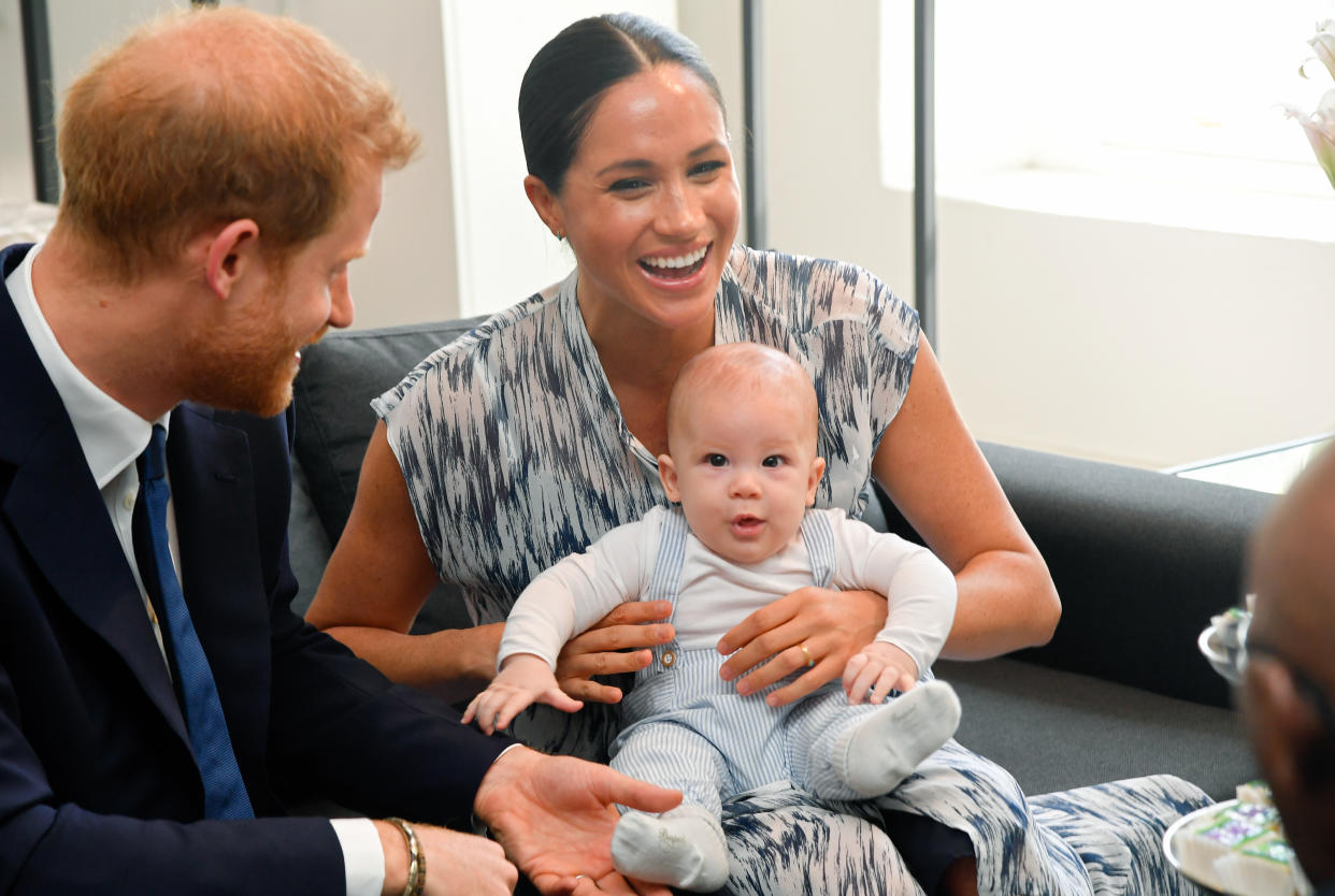 CAPE TOWN, SOUTH AFRICA - SEPTEMBER 25: Prince Harry, Duke of Sussex, Meghan, Duchess of Sussex and their baby son Archie Mountbatten-Windsor meet Archbishop Desmond Tutu and his daughter Thandeka Tutu-Gxashe at the Desmond & Leah Tutu Legacy Foundation during their royal tour of South Africa on September 25, 2019 in Cape Town, South Africa. (Photo by Toby Melville/Pool/Samir Hussein/WireImage)