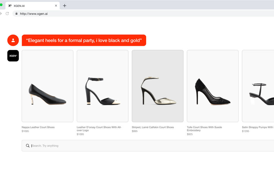 An image of a shopping website showing a customer using conversational language to search for black and gold heels