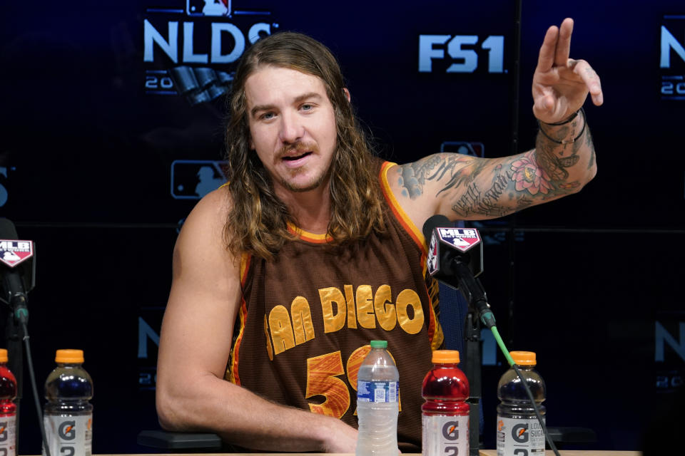 San Diego Padres pitcher Mike Clevinger speaks during a news conference Monday, Oct. 10, 2022, in Los Angeles for the National League division series against the Los Angeles Dodgers. (AP Photo/Mark J. Terrill)