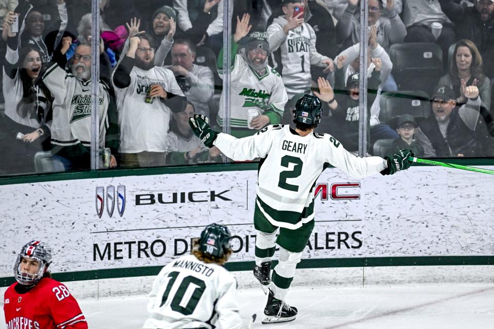 Michigan State's Patrick Geary celebrates his goal against Ohio State during the second period on Saturday, Feb. 24, 2024, at Munn Arena in East Lansing.