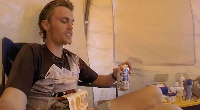 Not generally associated with re-hydrating, Mr Weber tops up with beer. Photo: Youtube/Jesse Weber