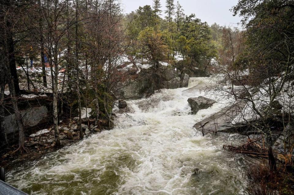 Fresh mountain snowmelt flows from Willow Creek toward Bass Lake in Madera County during a rainstorm on Tuesday, March 14, 2023.