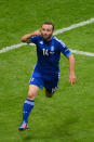 WARSAW, POLAND - JUNE 08: Dimitris Salpigidis of Greece celebrates scoring their first goal during the UEFA EURO 2012 group A match between Poland and Greece at The National Stadium on June 8, 2012 in Warsaw, Poland. (Photo by Shaun Botterill/Getty Images)