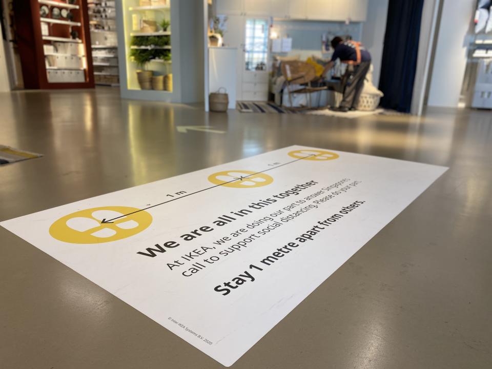 A social distancing sign on the floor at IKEA Singapore's Tampines store ahead of relaxing of lockdown rules on 19 June, 2020.