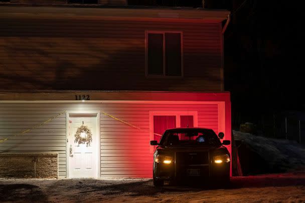 PHOTO: A private security officer sits in a vehicle, Jan. 3, 2023, in front of the house in Moscow, Idaho where four University of Idaho students were killed in November, 2022. (Ted S. Warren/AP, FILE)