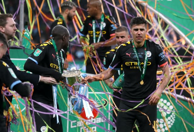 Rodri (right) was in the Manchester City side that won the Carabao Cup in March