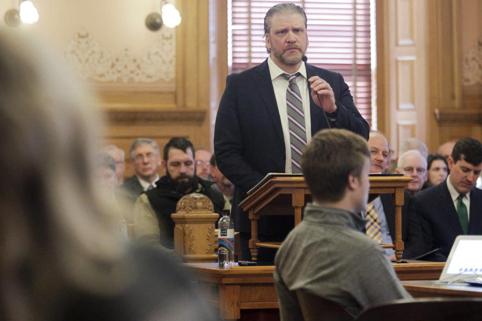 Gary Salsman, a vice president for Keystone pipeline operator TC Energy, answers questions about a December oil spill in Washington County from two Kansas House committees, Tuesday, March 14, 2023, at the Statehouse in Topeka, Kan. Salsman said the cleanup at the site will last at least until this summer and cost the company $480 million. (AP Photo/John Hanna)