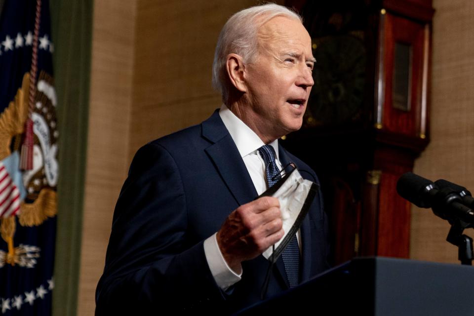 President Joe Biden removes his mask to speak from the Treaty Room in the White House on Wednesday, April 14, 2021, about the withdrawal of the remainder of U.S. troops from Afghanistan.