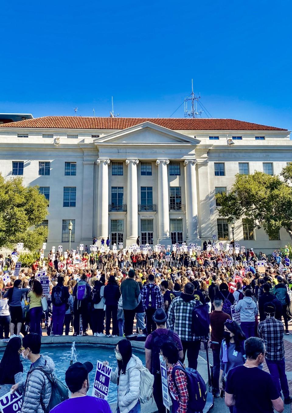 Student workers represented by the UAW at the University of California, and their supporters, protest during contract talks on November 14, 2022.