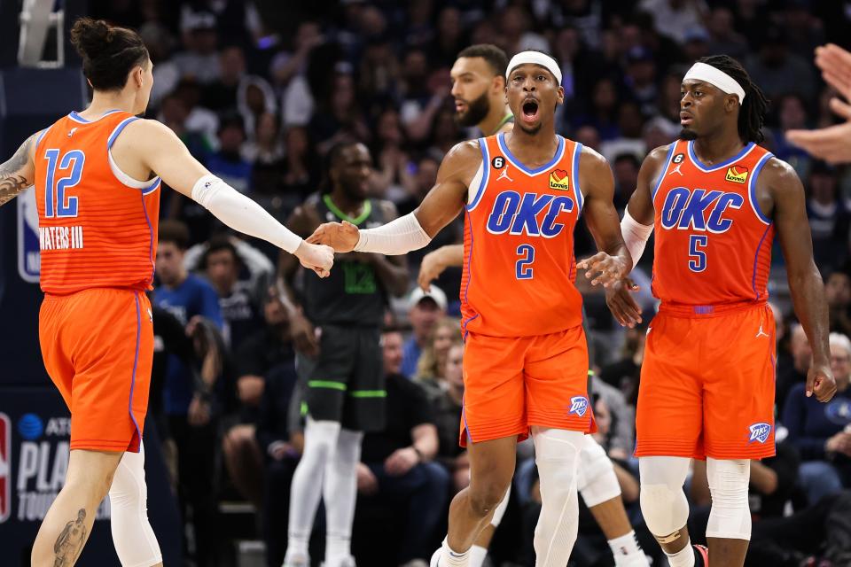 Apr 14, 2023; Minneapolis, Minnesota, USA; Oklahoma City Thunder guard Shai Gilgeous-Alexander (2) reacts during the third quarter against the Minnesota Timberwolves at Target Center. Mandatory Credit: Matt Krohn-USA TODAY Sports