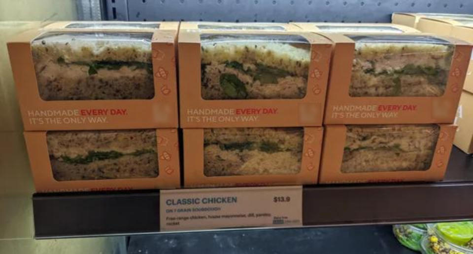 Classic chicken sandwiches on sale at airport with $14 price tag. 