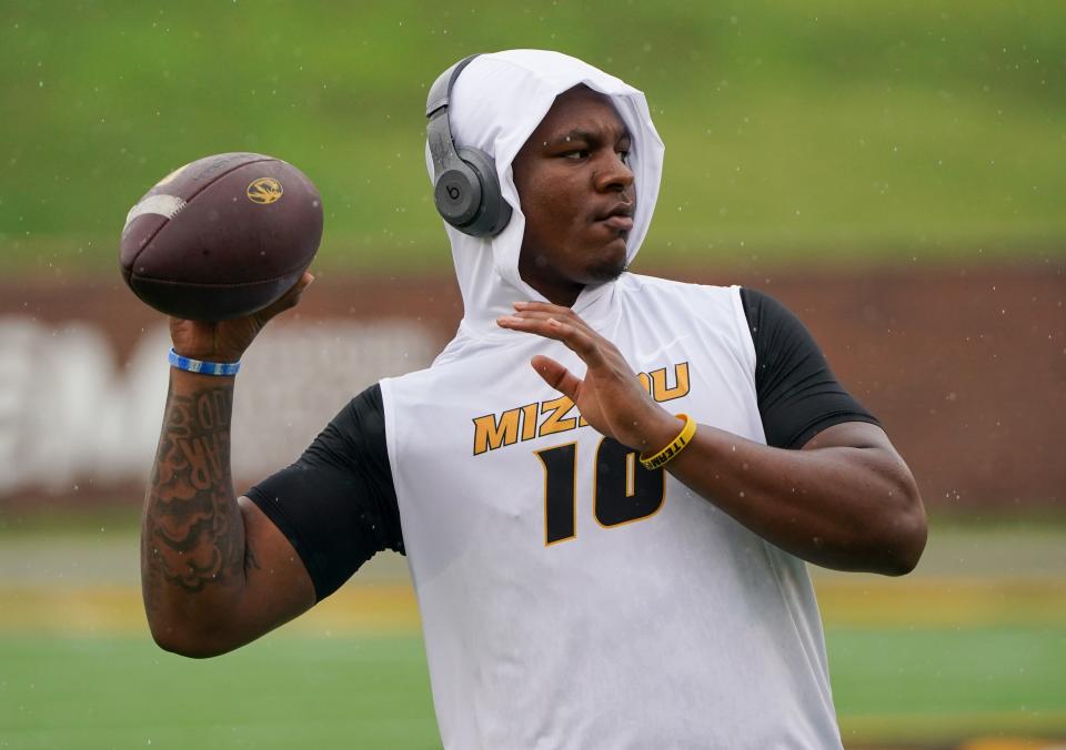 Missouri Tigers quarterback Tyler Macon (10) warms up against the Central Michigan Chippewas before the game Sept. 4 at Faurot Field.