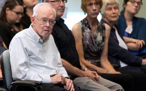 Astrophysicist Eugene Parker attends a news conference about the Parker Solar Probe named after him - Credit: AP