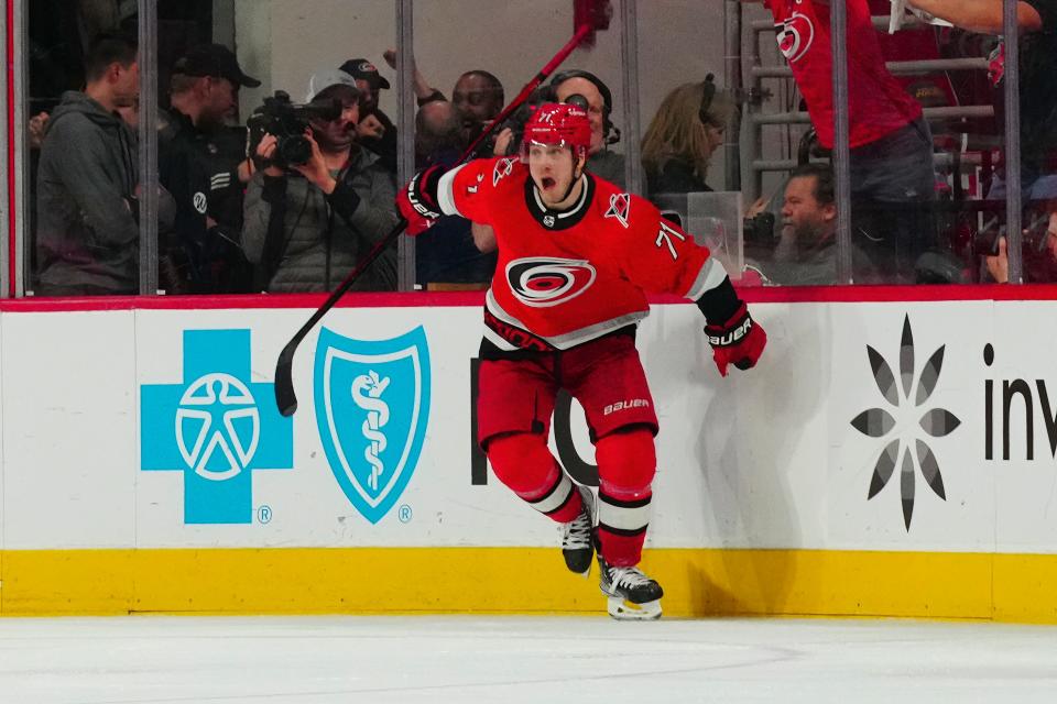 Carolina Hurricanes right wing Jesper Fast celebrates his overtime goal against the New York Islanders in Game 2 on April 19.