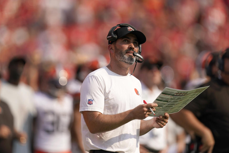 Cleveland Browns head coach Kevin Stefanski watches from the sidelines during the first half of an NFL football game against the Kansas City Chiefs Sunday, Sept. 12, 2021, in Kansas City, Mo. (AP Photo/Charlie Riedel)