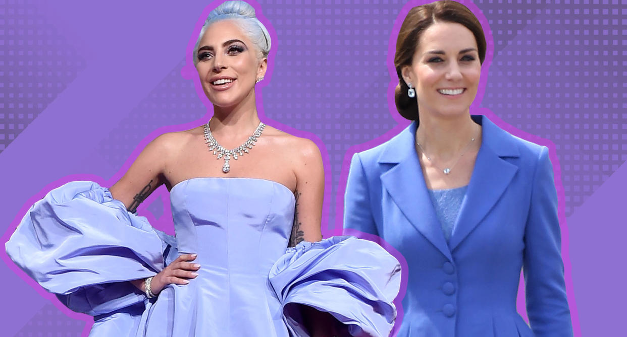 Lady Gaga and Kate Middleton are spearheading the cornflower blue trend for 2019. (Photos: Getty Images; photo illustration: Yahoo Lifestyle)