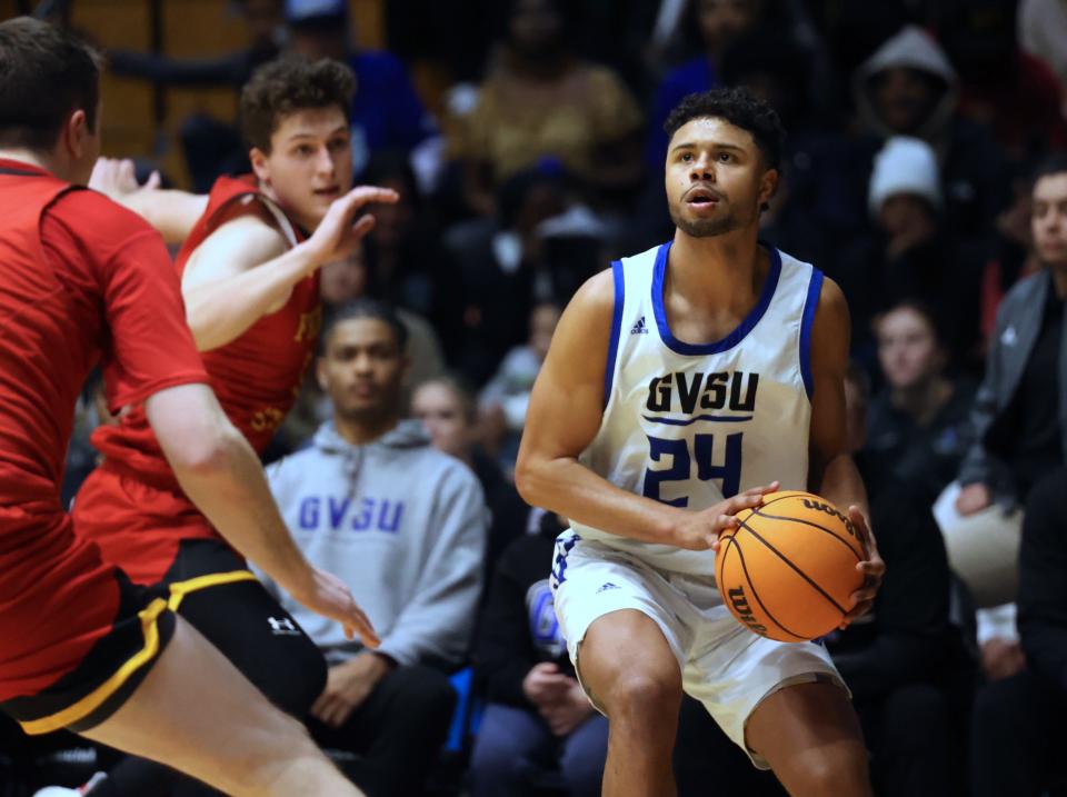 Isaiah Carver-Bagley lines up for a 3-pointer on Saturday against Ferris State in Allendale.