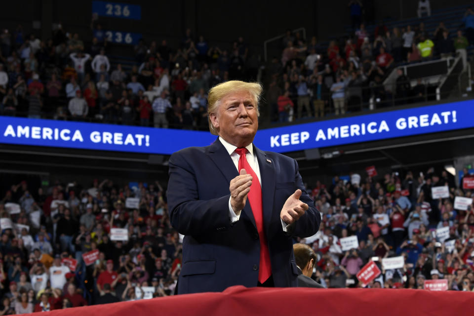 President Donald Trump arrives to speak at a campaign rally in, Lexington, Ky., Monday, Nov. 4, 2019. (AP Photo/Susan Walsh)