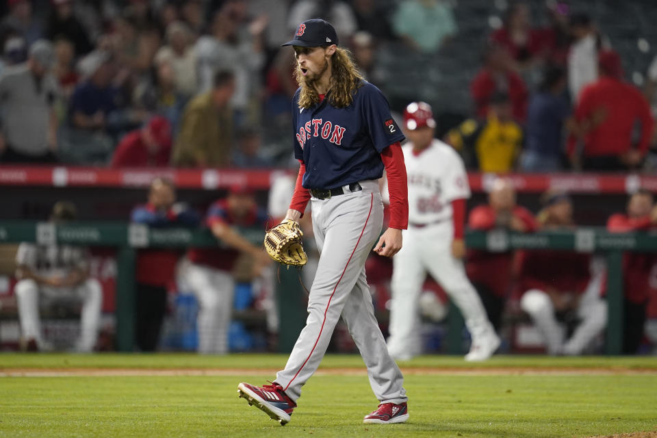 Boston Red Sox relief pitcher Matt Strahm reacts after a 6-5 win over the Los Angeles Angels in a baseball game in Anaheim, Calif., Tuesday, June 7, 2022. The Red Sox won in the 10th inning. (AP Photo/Ashley Landis)